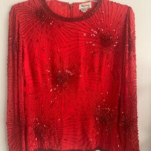 Oleg Cassini Blouse Top Womens M Red Silk Sequin Beaded Long Sleeve Back Zip